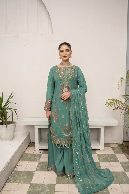 Sea Mist - ADORABLE CHIFFON EMBROIDERED 3PC