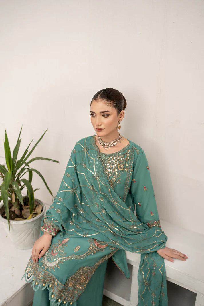 Sea Mist - ADORABLE CHIFFON EMBROIDERED 3PC
